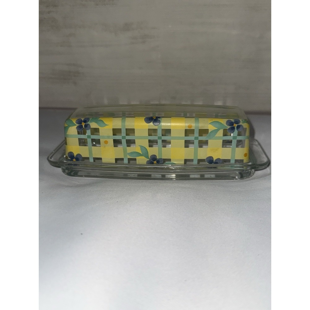 Clear and Patterned Glass Butter‎ Dish with Lid Plaid Floral